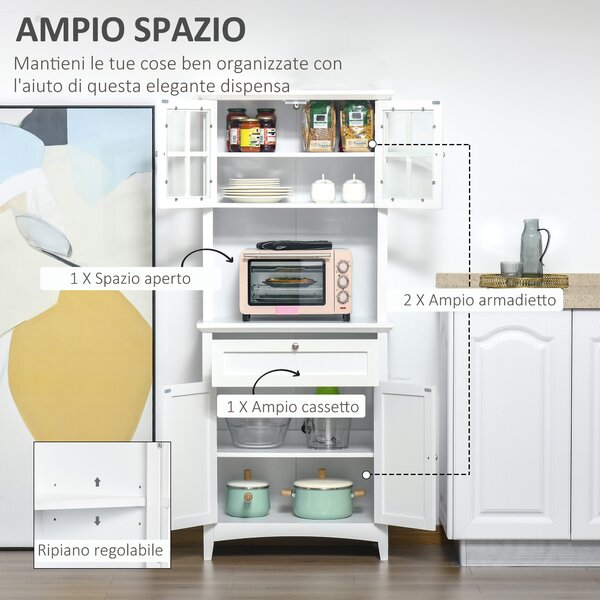 HOMCOM Mobile Cucina Dispensa per Cucina e Sala da Pranzo con 2 Armadietti, Ripiani Regolabili e Piano d'Appoggio, in MDF, 68.6x40x164 cm, Bianco