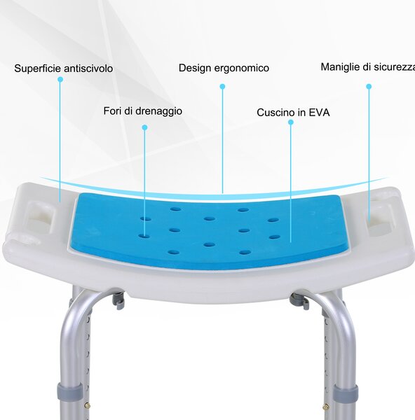 HOMCOM Sgabello per Doccia da Bagno in Lega di Alluminio e Plastica Antiscivolo, Altezza Regolabile 6 Livelli 39-51cm|Aosom