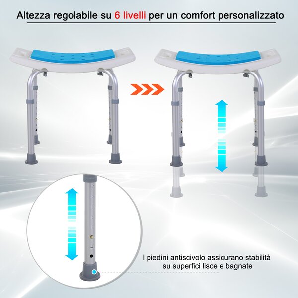HOMCOM Sgabello per Doccia da Bagno in Lega di Alluminio e Plastica Antiscivolo, Altezza Regolabile 6 Livelli 39-51cm|Aosom