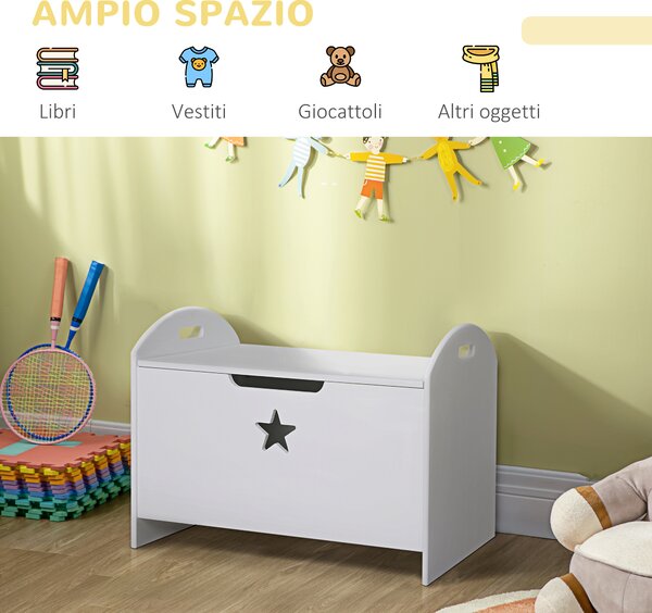 HOMCOM Contenitore per Giochi in Legno con Coperchio, Cerniera di Sicurezza e Maniglie Intagliate, 62x40x46.5cm, Bianco, Baule Bambini | Aosom