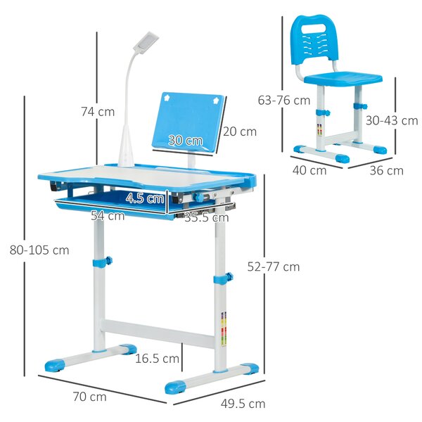 HOMCOM Scrivania per Bambini con Sedia Regolabile per Età 6-12 Anni Piano Inclinabile a 45 Gradi con Lampada LED Acciaio e MDF Blu|Aosom