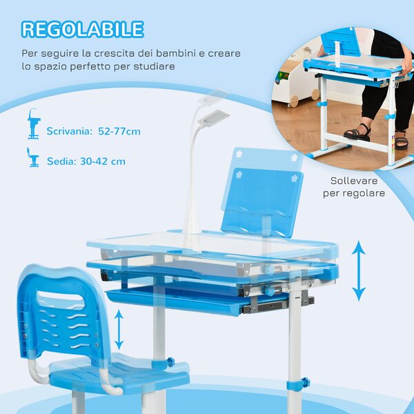 HOMCOM Scrivania per Bambini con Sedia Regolabile per Età 6-12 Anni Piano Inclinabile a 45 Gradi con Lampada LED Acciaio e MDF Blu|Aosom