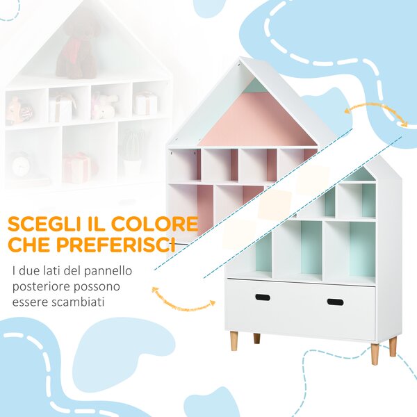 HOMCOM Scaffale Libreria Organizzatore Armadietto a Scomparti per bambini con cassetto scomparto in legno bainco rosa blu|Aosom