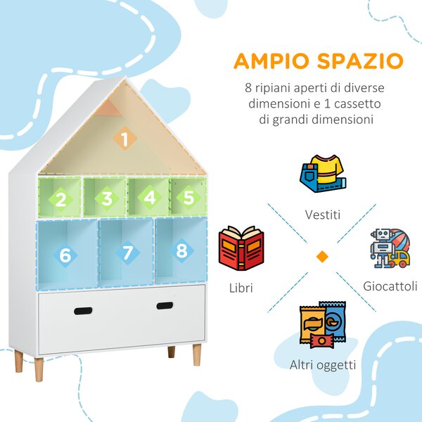 HOMCOM Scaffale Libreria Organizzatore Armadietto a Scomparti per bambini con cassetto scomparto in legno bainco rosa blu|Aosom
