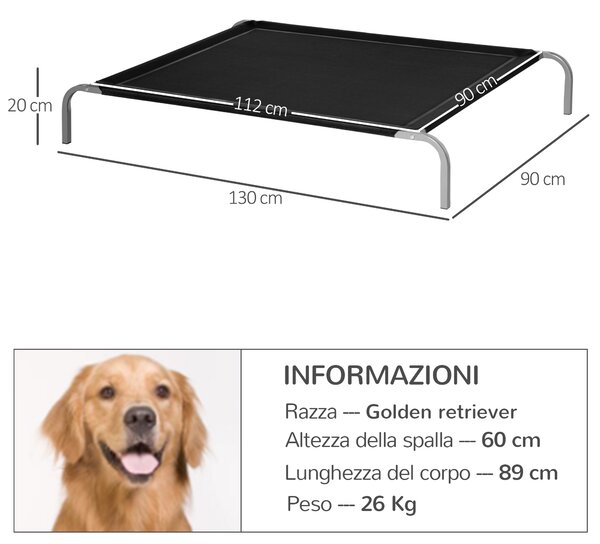PawHut Lettino per Cani da Interno ed Esterno, Cuccia Estiva Brandina per Cani, Tessuto Traspirante Nero, 130x90x20cm