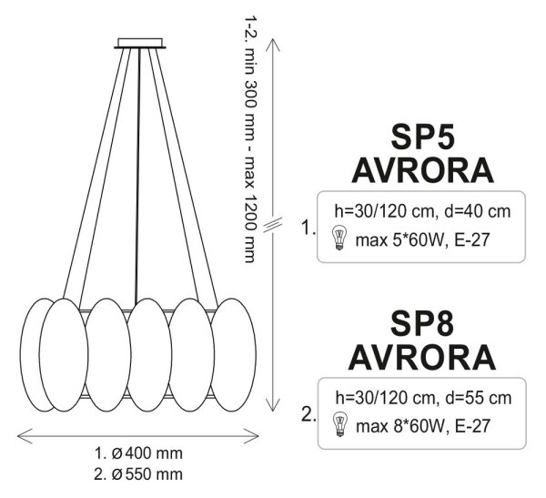 Lampadario a sospensione con filo AURORA 8xE27/60W/230V