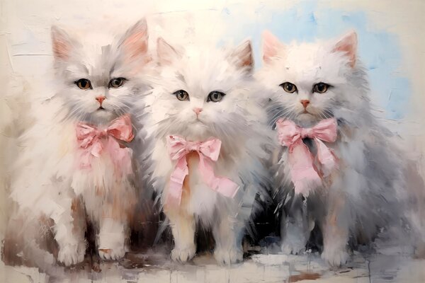 Carta da parati Gruppo di gatti bianchi con fiocchi rosa, Carta da parati animali, Carta da parati popolare, t00699 - Tapeko.it