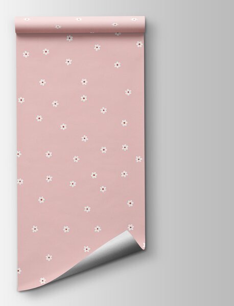 Carta da parati Sfondo rosa con fiori bianchi, Carta da parati Floreale, Carta da parati popolare, t00711v2 - Tapeko.it
