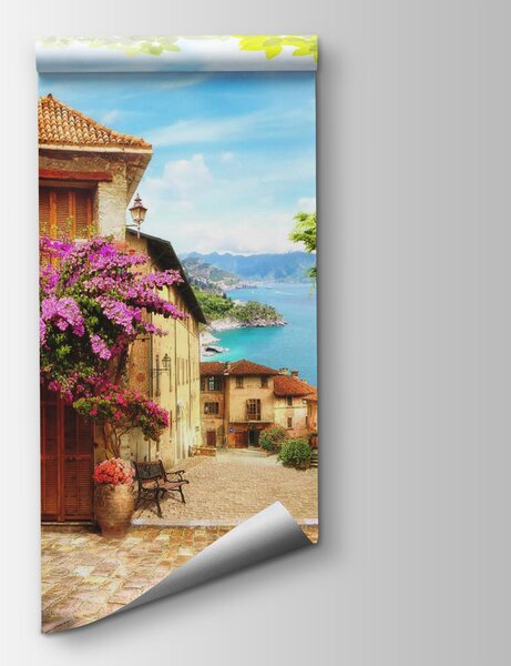 Carta da parati Strada con fiori e alberi, Carta da parati design, Carta da parati popolare, u06474 - Tapeko.it