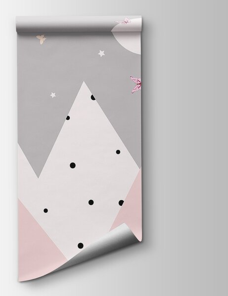 Carta da parati Montagne rosa e grigie con farfalle, Carta da parati per Bambini, Carta da parati popolare, u14116 - Tapeko.it