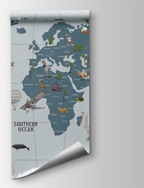 Carta da parati Mappa del mondo con animali, Carta da parati per Bambini, Carta da parati popolare, u72588 - Tapeko.it
