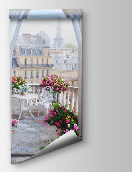 Carta da parati Balcone con vista sulla torre Eiffel, Carta da parati Finestre, Carta da parati popolare, u79425 - Tapeko.it