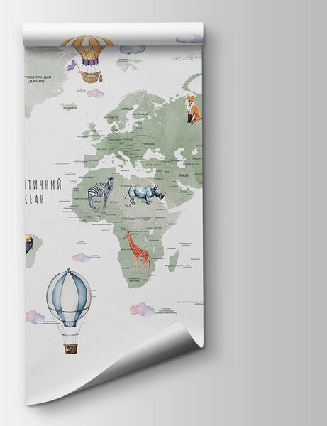 Carta da parati Mappa del mondo con animali e parole, Carta da parati per Bambini, Carta da parati popolare, u95274 - Tapeko.it