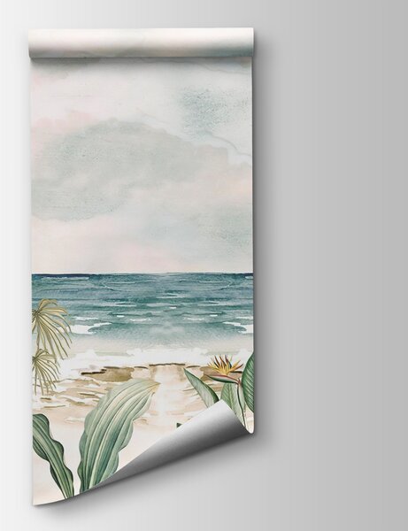 Carta da parati Un dipinto di una spiaggia con piante e un uccello in volo, Carta da parati Spiaggia, Carta da parati popolare, u97892 - Tapeko.it