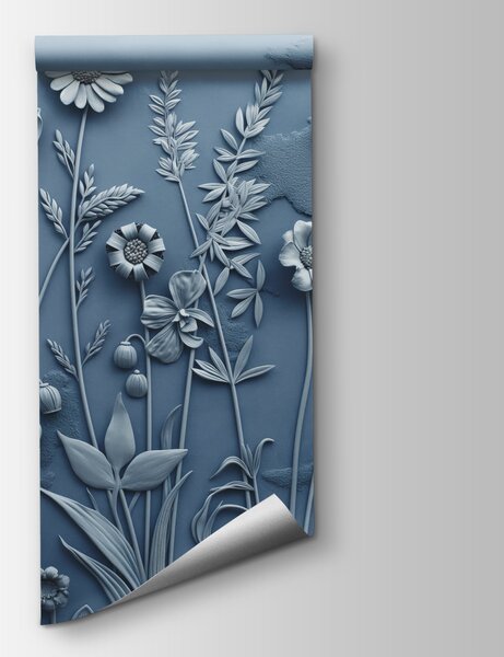 Carta da parati Un muro grigio con fiori e foglie, Carta da parati 3d, Carta da parati popolare, w07869 - Tapeko.it