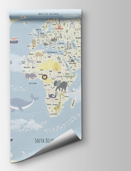 Carta da parati Una mappa del mondo con gli animali, Carta da parati per Bambini, Carta da parati popolare, u96587 - Tapeko.it