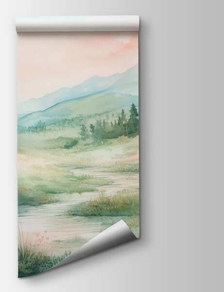 Carta da parati Acquerello di un fiume che scorre in una valle, Carta da parati acquerello sul muro, Carta da parati popolare, w02764 - Tapeko.it