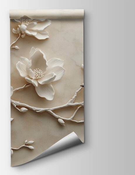 Carta da parati Uccello bianco su un ramo con fiori, Carta da parati Floreale, Carta da parati popolare, w08690 - Tapeko.it