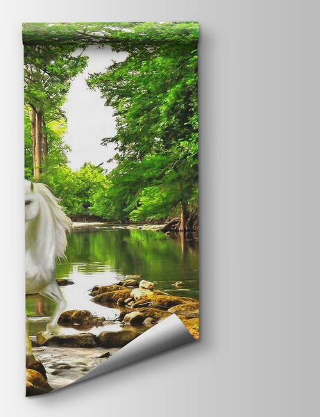 Carta da parati Gruppo di unicorni bianchi in un fiume, Carta da parati gli unicorni, Carta da parati popolare, u05099 - Tapeko.it