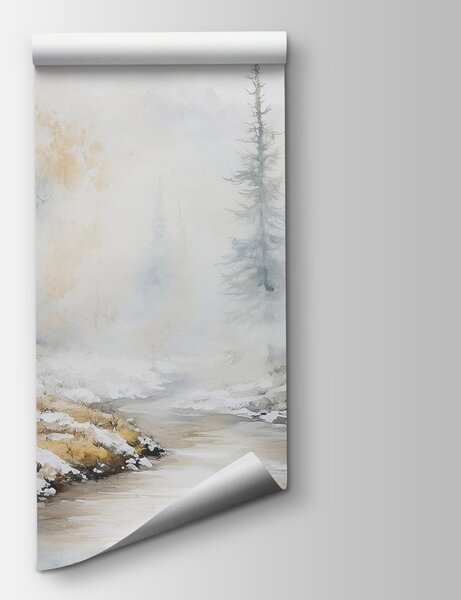 Carta da parati Acquerello di un fiume con alberi e neve, Carta da parati Foresta Betulle, Carta da parati popolare, w02742 - Tapeko.it