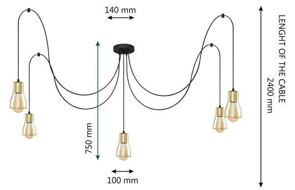 Lampadario a sospensione con filo TUBE LONG 5xE27/15W/230V nero/oro