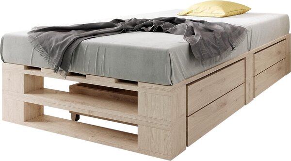 Letto in legno Sunnypillow M2 100 x 200 cm con rete a doghe e 2 cassetti. Letto robusto per anziani, bambini, ragazzi e ospiti