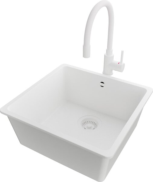 PRIMAGRAN lavello in granito All white 46x44cm, lavello 1 vasca + rubinetto cucina 38x14cm + set di scarico, lavello da cucina da base 50 cm - Venice Slim Easy