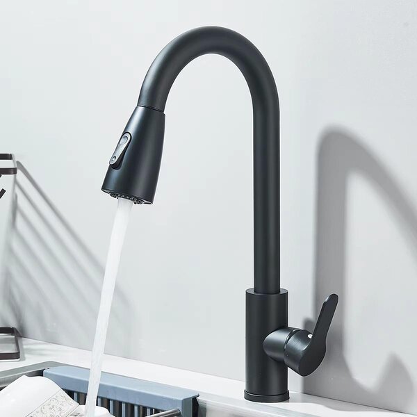 Miscelatore da cucina - 8-2203P - Doccetta estraibile - Acqua calda e fredda - Bocchetta flessibile - Montaggio su piano di lavoro - Installazione monoblocco - Nero opaco