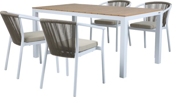 AXI Suvi Tavolo e Sedie da Giardino con 4 sedie, Bianco e Teak | Salottino da Esterno in Alluminio / Polywood | Set da pranzo per esterni / Set da Giardino 4 persone