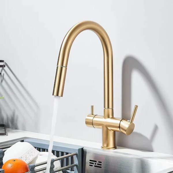Rubinetto da cucina per acqua potabile filtrata - Rubinetto da cucina estraibile - Due manopole - Acqua calda e fredda - Girevole a 360° - Valvola in Vetroceramica - Finitura dorata spazzolata