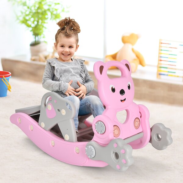 Costway Set scivolo e cavallo a dondolo 2 in 1 per dondolarsi e scivolare, Cavallo a dondolo di plastica per bambini Rosa