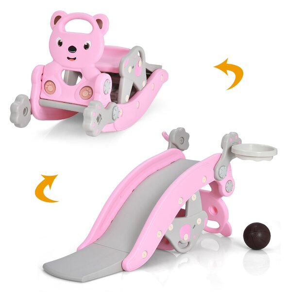 Costway Set scivolo e cavallo a dondolo 2 in 1 per dondolarsi e scivolare, Cavallo a dondolo di plastica per bambini Rosa