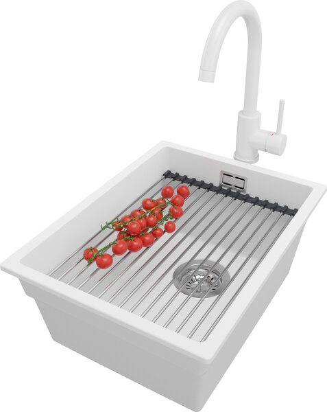 PRIMAGRAN lavello sottopiano in granito bianco 36x47cm, lavello 1 vasca + set scarico + set accessori cucina, lavello in granito da base 40 cm - Praga