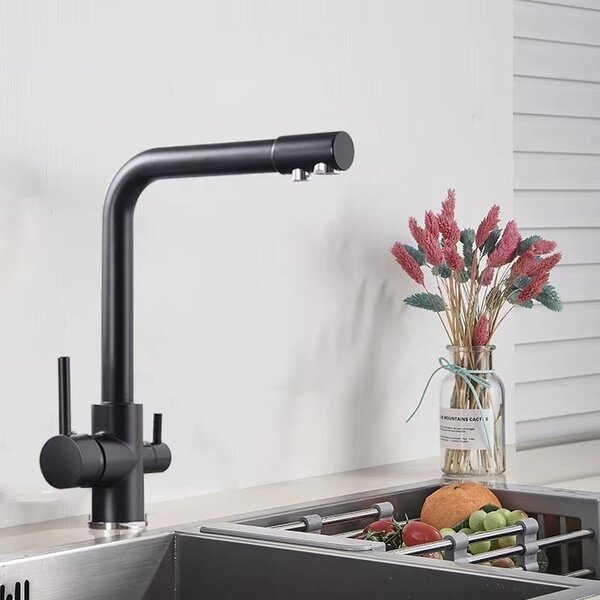 Rubinetto per acqua filtrata - modello dw85 - miscelatore monocomando - a 2 vie - per acqua potabile filtrata - con erogazione di acqua calda e fredda - in ottone - girevole a 360° - finitura nero cromato