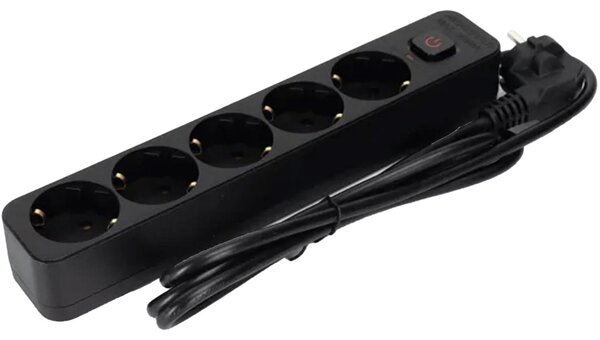 Multipresa tedesca serie L a 5 prese con interruttore, lunghezza 1,5 m, configurazione 3G, 1,0 mm², nera. Perfetta per collegamenti sicuri ed efficienti in ogni