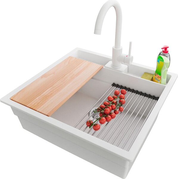 Lavello in granito PRIMAGRAN bianco 56x54 cm, lavello a 1 vasca + set di scarico + set di accessori da cucina, lavello da cucina per mobile sottolavello da 60 cm - Bergen Pocket