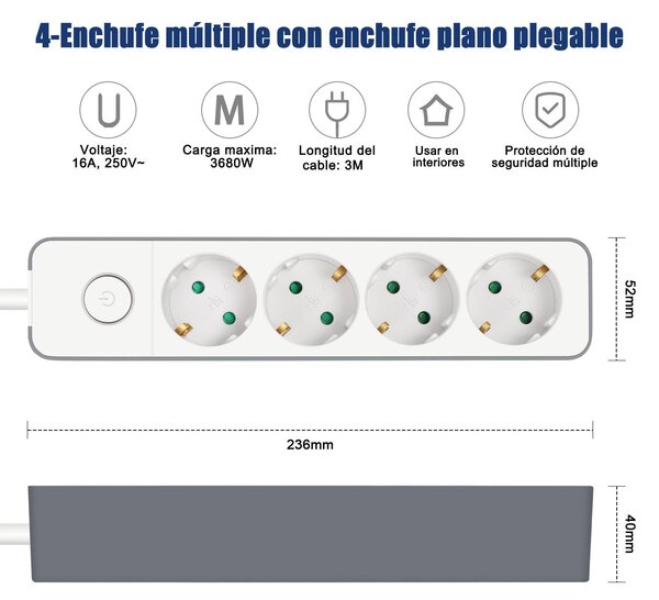 Multipresa EXTRASTAR con 4 prese, prolunga con adattatore dotato di interruttore, 3 m, per casa, ufficio e viaggi, 3680 W, 3 G x 1,5 mm², bianco, 1 pezzo