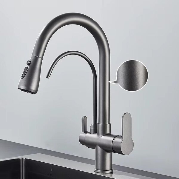 Miscelatore da cucina - Miscelatore per acqua filtrata - Doccetta estraibile - Rotazione a 360° - Acqua calda e fredda - Due manopole - Grigio gunmetal