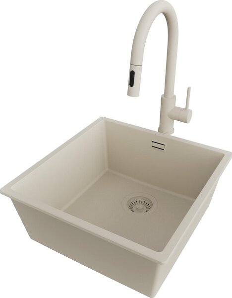 PRIMAGRAN lavello sottopiano in granito beige 46x47cm, lavello 1 vasca + rubinetto cucina 40x20cm + set di scarico, lavello in granito da base 50 cm - London