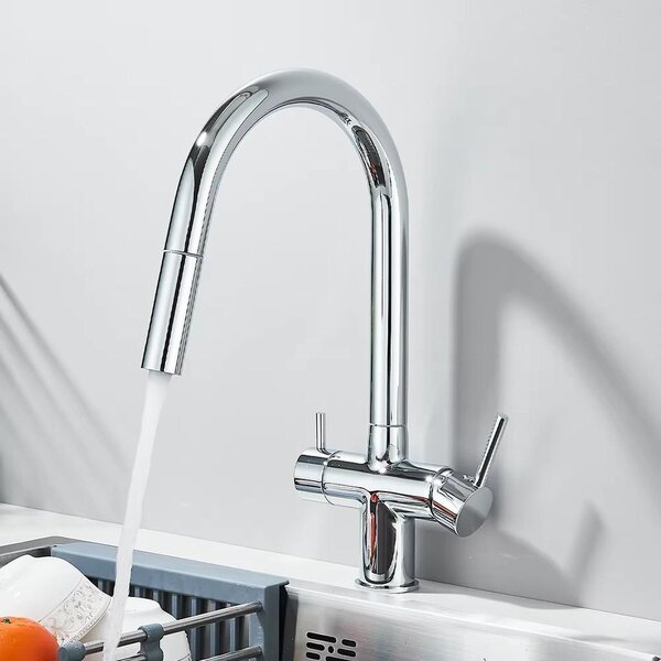 Rubinetto da cucina – Per acqua potabile filtrata – Bocchetta estraibile – Rotazione a 360° – Acqua calda e fredda – Due manopole – Cromato