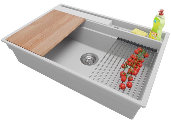 Lavello PRIMAGRAN grigio 78x53 cm, lavello in granito a vasca singola + set di scarico + set di accessori da cucina, lavello da cucina per mobili base da 80 cm - Oslo Pocket