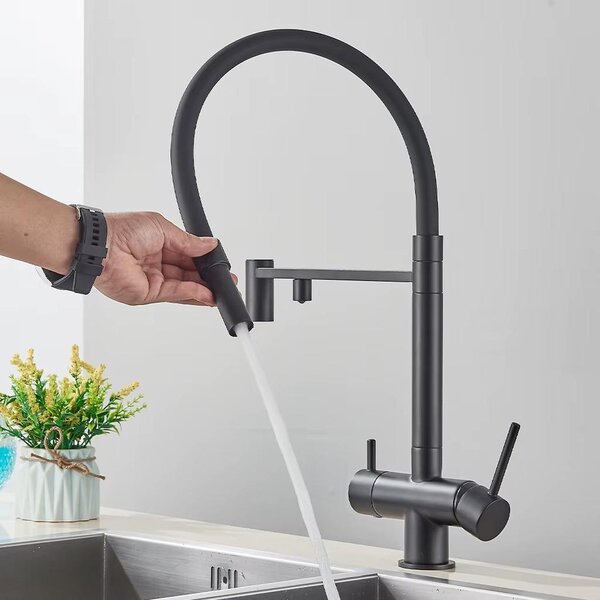 Rubinetto da cucina con filtro dell'acqua - Modello DW85 - Bocchetta a due vie - Acqua calda e fredda - Estraibile - Rotazione a 360° - Cartuccia in Vetroceramica - Colore nero