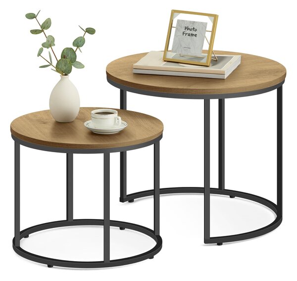 Set di 2 tavolini FORTENA rotondi, look rovere/nero, metallo
