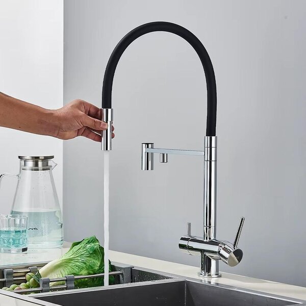 Miscelatore da cucina con filtro per l'acqua - Modello DW85 - Per montaggio su piano - Monocomando - Doccetta estraibile - Rotazione a 360° - Acqua calda e fredda - Cromato