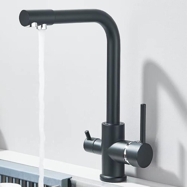 Rubinetto da cucina con filtro dell'acqua - Rubinetto per cucina per acqua filtrata - A due manopole - Acqua calda e fredda - Montaggio a foro singolo - Cartuccia in Vetroceramica - Cromatura nera