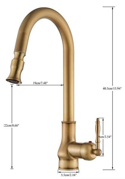 Miscelatore da cucina – Miscelatore da cucina estraibile – Finitura in ottone anticato – Miscelatore monocomando – Installazione monoblocco – Montaggio a incasso – Girevole – Acqua calda e fredda