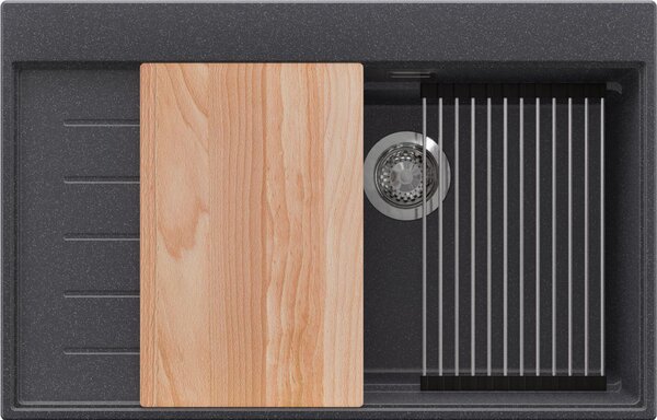 Lavello PRIMAGRAN antracite 78x50 cm, lavello in granito a 1 vasca + set di scarico + set di accessori da cucina, lavello da cucina per mobile sottolavello da 60 cm - Sydney