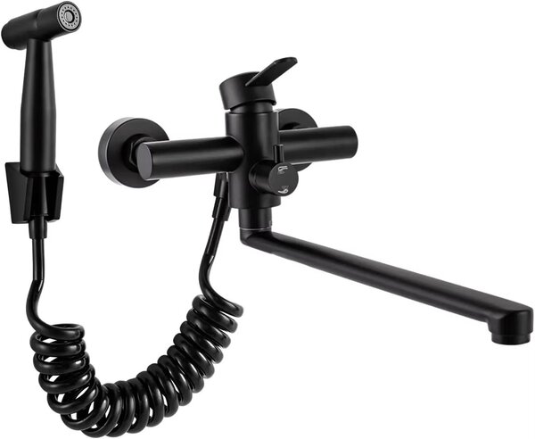Miscelatore da cucina – Montaggio a parete – Acciaio inossidabile – Girevole a 360° – Con soffione – Tubo girevole da 35 cm – Colore nero