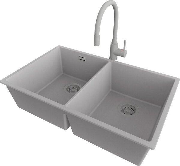 PRIMAGRAN lavello sottopiano granito grigio 76x47cm, lavello 2 vasche + rubinetto cucina 38x14cm + set di scarico, lavello in granito da base 80 cm - London Twin