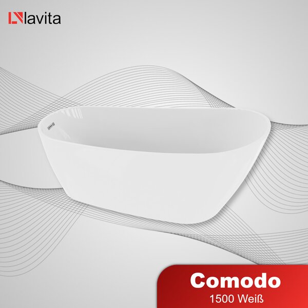 LAVITA Vasca da bagno freestanding Comodo 1500 Acrilico 150x78x72 cm| Vasche da bagno di forma ovale | Moderne | Vasca freestanding in acrilico per 2 persone | 250 L | Rivestimento antimicrobico | Bianco lucido